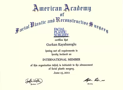 Gürkan Kayabaşoğlu Diplomas​ American Academy of Facial Plastic Surgery