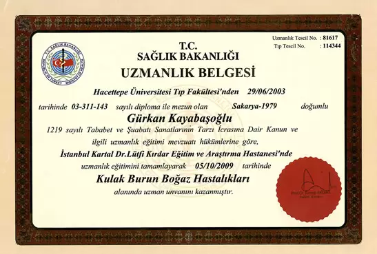 Gürkan Kayabaşoğlu Diplomas​ Ear Nose and Throat Diseases Diploma
