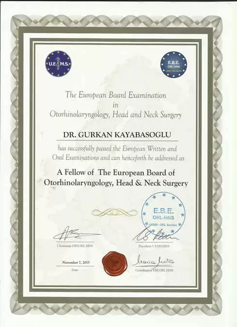 Gürkan Kayabaşoğlu Diplomas​ Ear, Nose and Throat, Head and Neck Surgery Specialist Diploma