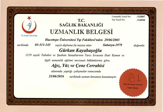 Gürkan Kayabaşoğlu Diplomas​ Facial Surgery Diploma