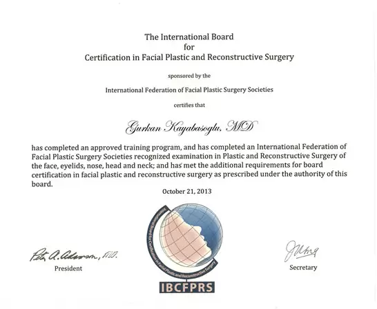 Gürkan Kayabaşoğlu Diplomas​ International Facial Plastic Surgery specialization certificate